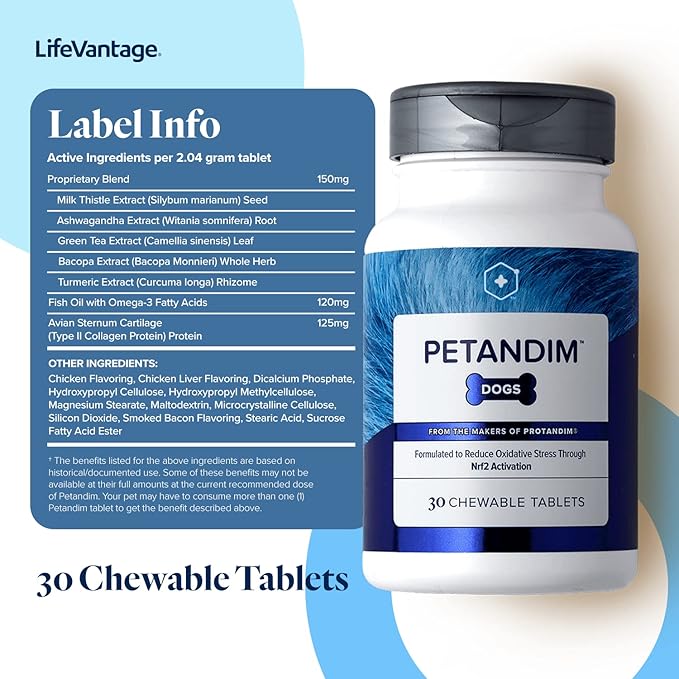 Petandim Dog Vitamins (30 Chewable Tablets), Antioxidants Reduce Oxidative Stress, Joint Supplement for Dogs, Skin and Coat Supplement, Omega-3 &amp; Collagen for Dogs, Chicken + Bacon Flavor
