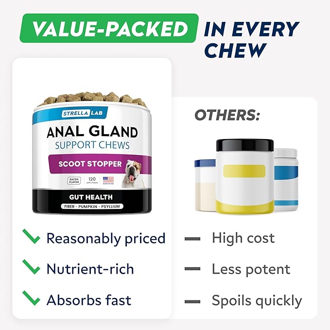 STRELLALAB Anal Gland Support Chews - Scoot Treatment - Digestive Enzymes, Prebiotics &amp; Fiber Supplement for Dogs Digestion &amp; Gut Health. Proprietary Blend of Beet, Psyllium, Dandelion &amp; Pumpkin 120Ct