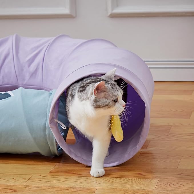 Cat Tunnel, Large Indoor Durable Collapsible Interactive Cat Tube with Peek-A-Boo Hole, Hanging Toys, and Crinkly Paper Lining - Cute Tunnel for Cats, Kittens, Puppies &amp; Rabbits, Purple