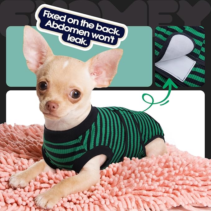 FUAMEY Recovery Suit for Dogs After Surgery,Soft Breathable Dog Bodysuit E-Collar &amp; Cone Alternative Surgical Suit,Male Female Dog Neuter Spay Suits Anti Licking Wounds Onesie Green Black Stripes M