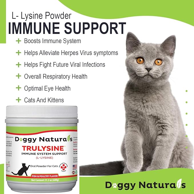 Trulysine L-Lysine for Cats Immune Support Oral Powder 21.2oz/600g - Cats &amp; Kittens of All Age, Sneezing, Runny Nose Squinting, Watery Eyes-Fish &amp; Poultry Flavor (U.S.A)(600 Grams (500mg / Scoop))