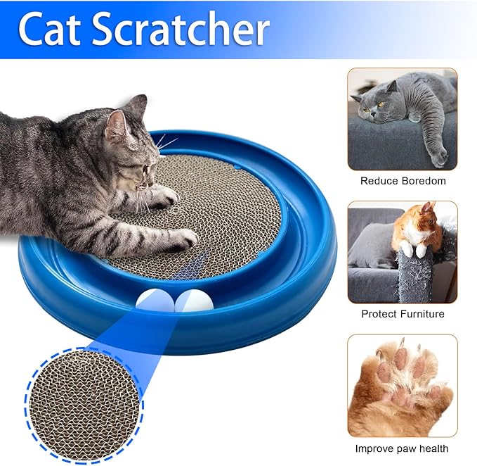 Interactive Cat Ball Track Toy for Indoor Cats, Cat Scratching Board &amp; Exercise Set for Bored Indoor Adult and Kitten Mental &amp; Physical Stimulation, with Spare Ball to Prevent Loss (Blue)