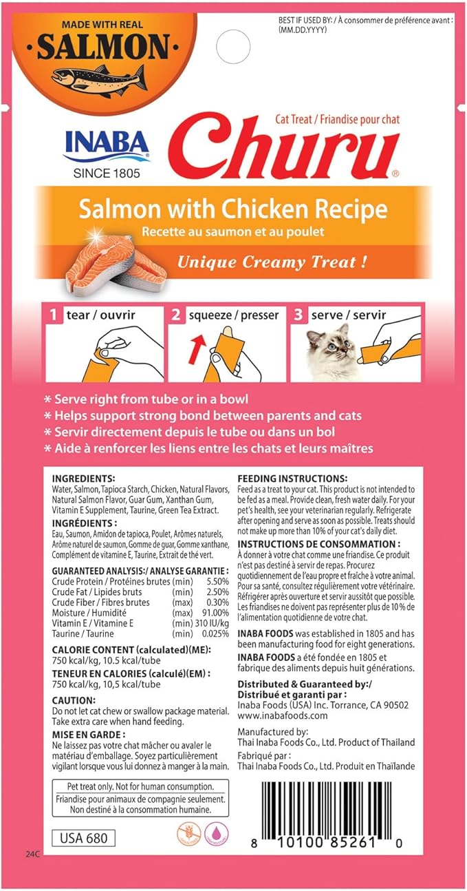 INABA Salmon Churu Cat Treats, Lickable, Squeezable Creamy Purée Cat Treat with Green Tea Extract &amp; Taurine, 0.5 Ounces Each Tube, 24 Tubes (4 per Pack), Salmon with Chicken Recipe