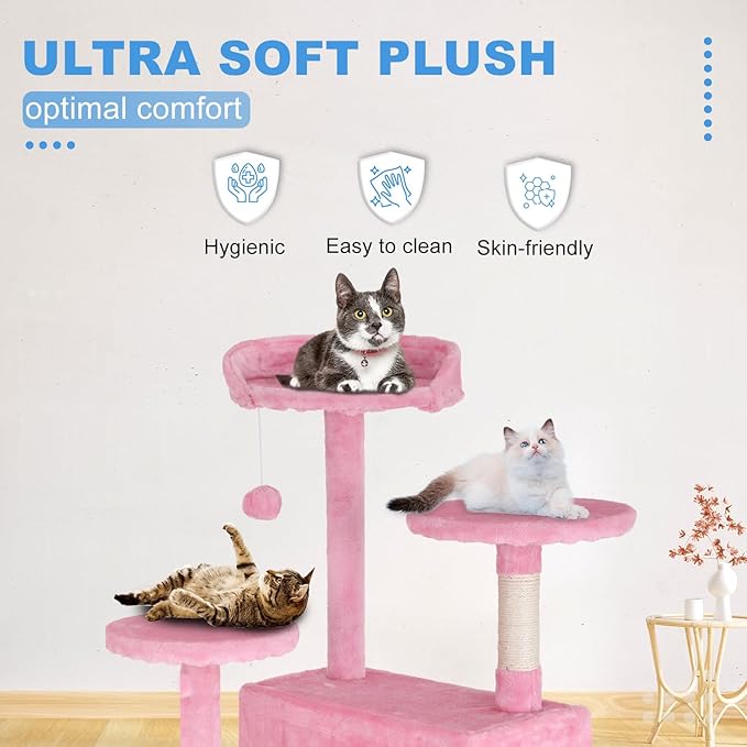 FDW Cat Tree 54in Cat Tower Multi-Level Durable Cat Scratching Post &amp; Cozy Fun Cat Jumping Platform Space Saving Cat Condo Pet Play House for Indoor Cats,Pink