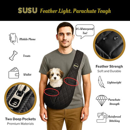 Small Dog Carrier Sling Bag – Hands-Free up to 10 lbs -10.5″ Deep Pouch, Dual Snap-Clip Closure + Drawcord, 4″ Padded Strap, Safety Tether, Zipper Pockets, Machine-Washable