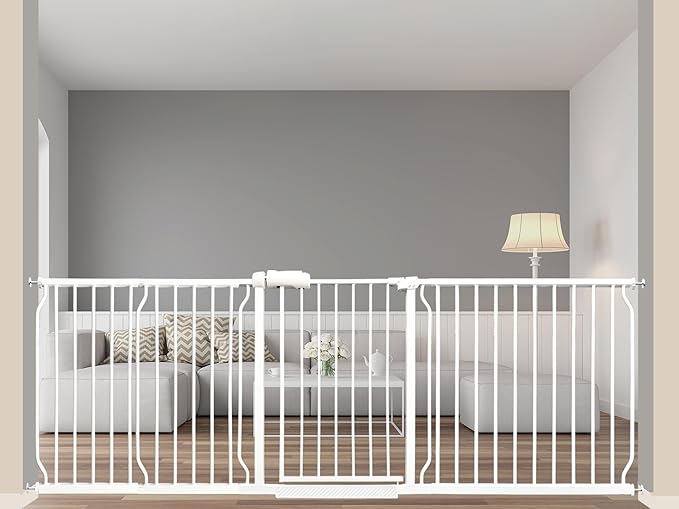Extra Wide Baby Gate 85.8-90.5 Inch, Pressure Mounted No Drilling, for Stairs &amp; Doorways, Metal White Indoor Safety Gate for Kids and Dogs