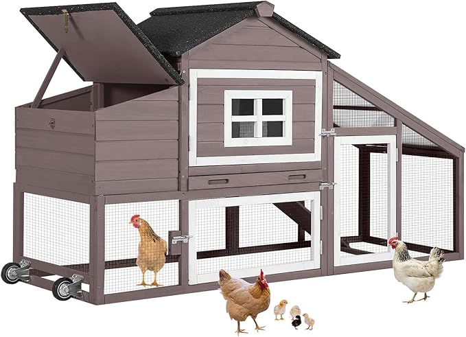 Aivituvin Chicken Coop Outdoor with Wheels, Mobile Hen House Wooden Poultry Cage with Run &amp; Waterproof Roof (Grey with White)