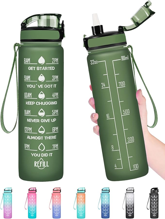 Enerbone Water Bottle, Leakproof BPA &amp; Toxic Free, Motivational Water Bottle with Times to Drink and Straw, Fitness Sports Water Bottle with Strap for Office, Gym, Outdoor Sports