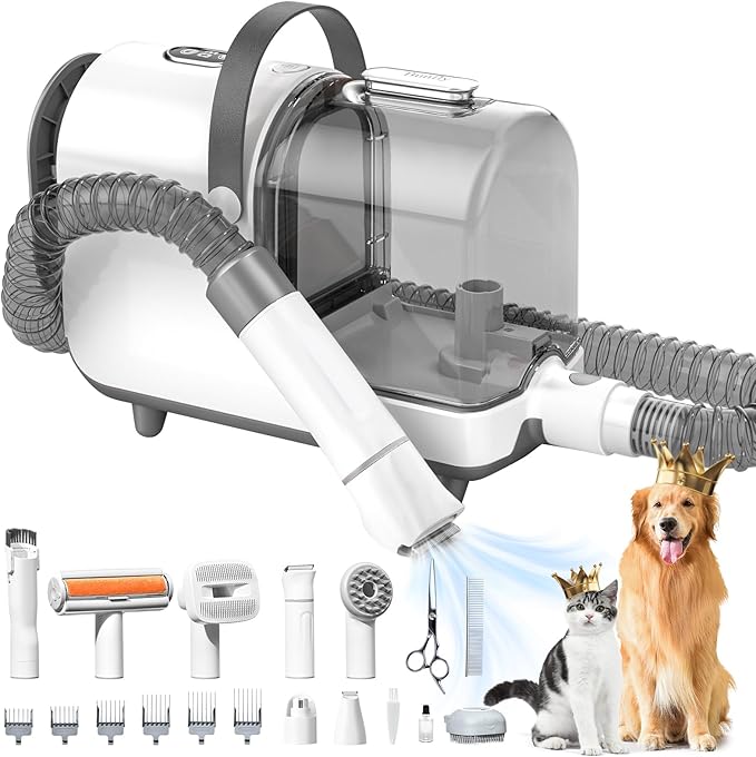 Bunfly Dog Grooming Kit,13000Pa Strong Grooming &amp; Vacuum Suction 99.99% Pet Hair, 16 Pet Grooming Tools for Dogs Cats, 3L Large Capacity Dust Cup, Quiet Pet Vacuum Groomer (Silver &amp; White)