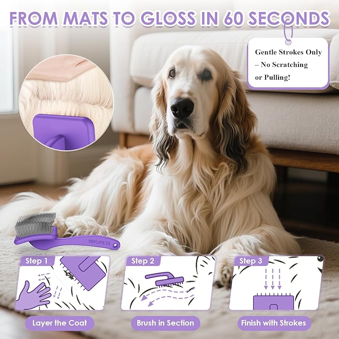 Large Slicker Brush for Dogs - 3PC Pet Grooming Kit - Undercoat Rake &amp; Stainless Comb | Long Pins Remove Mats on Poodles, Golden, Labradoodles | Thick Coat Deshedder for Dogs, Cats, Purple