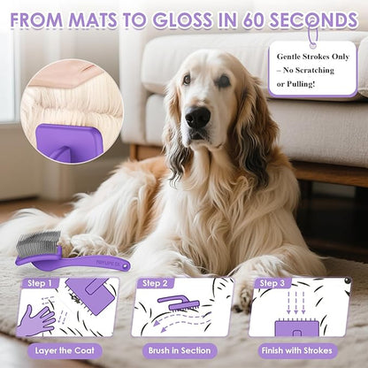 Large Slicker Brush for Dogs - 3PC Pet Grooming Kit - Undercoat Rake &amp; Stainless Comb | Long Pins Remove Mats on Poodles, Golden, Labradoodles | Thick Coat Deshedder for Dogs, Cats, Purple