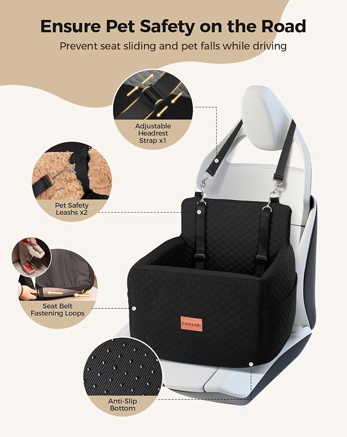 Dog Car Seat for Small &amp; Medium Dogs Under 35lbs, Detachable &amp; Washable Pet Car Seat, Interior Height 6 Inches Pet Travel Bed with Storage Pockets and 2 Dog Safety Belts (Black)