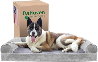 Furhaven Cooling Gel Dog Bed for Large Dogs w/ Removable Bolsters &amp; Washable Cover, For Dogs Up to 95 lbs - Faux Fur &amp; Velvet Sofa - Smoke Gray, Jumbo/XL