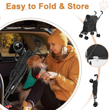 Wedyvko Travel Portable Dog Stroller, Pet Stroller for Small Puppy Dogs &amp; Cats, Up to 33 lbs, Black
