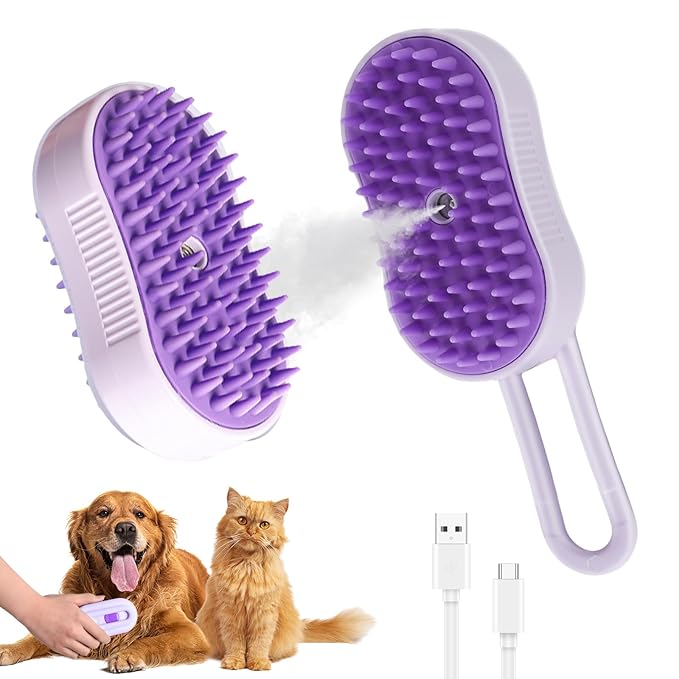 4 in 1 Cat Steam Brush for Shedding, Rechargeable Pet Steam Groomer Brush, Massage, Cleaning, Shedding &amp; Combing Multifunctional Hair Removal Comb for Cats Dogs (Purple)