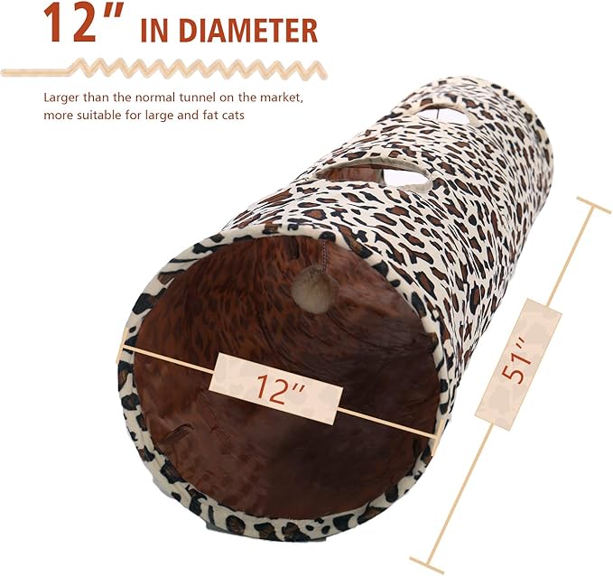 PAWZ Road XL Collapsible Cat Tunnel for Fat Cats &amp; Rabbits - 51"x12" Extra Wide Pet Play Tunnel with 12-Inch Diameter for Large Cats, Small Dogs