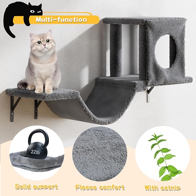 NUNU LAB Wall Mounted Cat Furniture, 6 Pcs Cat Wall Shelves with Condo House, Bridge, Steps, Scratcher, Hammock, Indoor Safe &amp; Stable Furniture for Kittens Play, Dark Gray