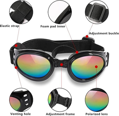 QUMY Dog Sunglasses Dog Goggles for Medium Large Breed Dogs, Wind Dust Fog Protection Eye Wear Pet Glasses with Adjustable Strap for Motorcycle Car Driving Bike Riding Hiking Swimming Over 15lbs White