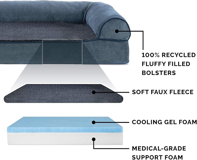 Furhaven Cooling Gel Dog Bed for Large Dogs w/ Removable Bolsters &amp; Washable Cover, For Dogs Up to 125 lbs - Sherpa &amp; Chenille Sofa - Orion Blue, Jumbo Plus/XXL
