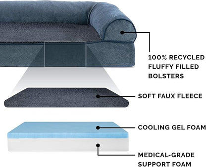 Furhaven Cooling Gel Dog Bed for Large Dogs w/ Removable Bolsters &amp; Washable Cover, For Dogs Up to 125 lbs - Sherpa &amp; Chenille Sofa - Orion Blue, Jumbo Plus/XXL