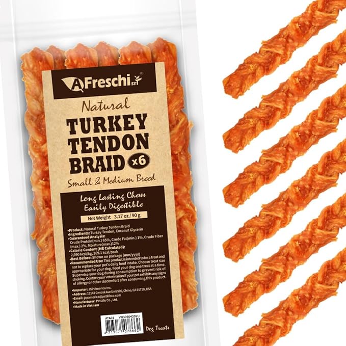 Afreschi Turkey Tendon Braid (M) 3.17 oz, USA-Sourced Turkey Tendon, All Natural Human Grade Dog Chew, Hypoallergenic, Rawhide Alternative, Dog Treats for Small &amp; Medium Breeds