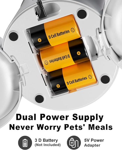 Automatic Dual Cats Feeder for 2 Cats,6 Meals/Day,12 Portions/Meal,Dual Power Auto Pet Feeder Dry Food Dispenser,Flexible Schedule Timer 10S Voice Record (White, ABS Dual Bowls)