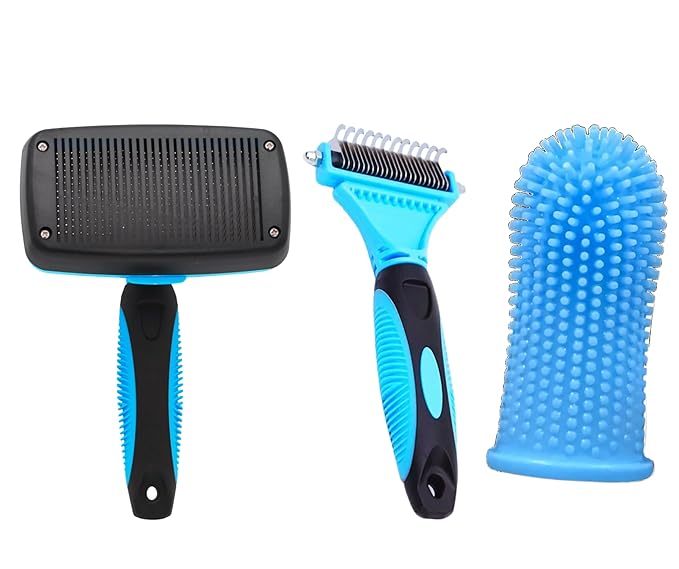 3-in 1 Dog &amp; Cat Grooming Supplies- Self-cleaning Slicker Brush, Deshedding Rake Comb, And Finger Toothbrush For Dogs &amp; Cats | Perfect For Pet Grooming Kit, Dematting And Dental Tool (blue)