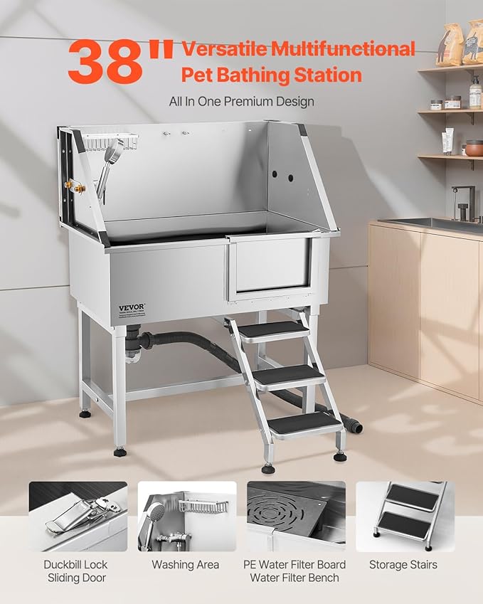 VEVOR Stainless Steel Dog Washing Station, 38 inch Pet Grooming Tub w/Storage Stairs, Faucet &amp; Showerhead &amp; Soap Holder Dog Bathtub for Medium &amp; Small Pets (Right Door)