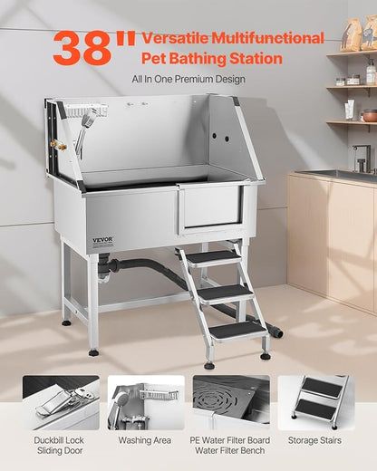 VEVOR Stainless Steel Dog Washing Station, 38 inch Pet Grooming Tub w/Storage Stairs, Faucet &amp; Showerhead &amp; Soap Holder Dog Bathtub for Medium &amp; Small Pets (Right Door)