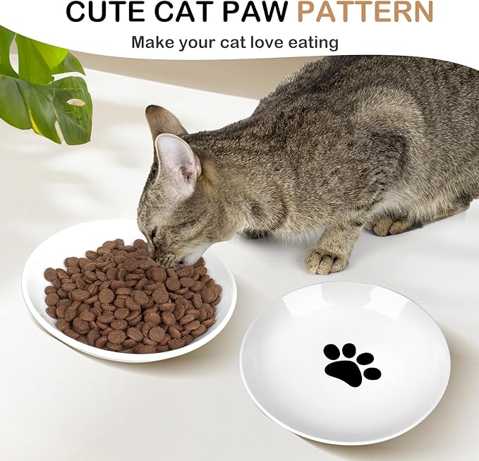TRUVIC 4 Pack Ceramic Cat Food Bowls, 5.9 Inch Ceramic Cat Dishes Set for Indoor Cats and Small Dogs, Anti Whisker Fatigue Kitten Bowls, Wide Shallow Kitten Plates for Food and Water (Cat&