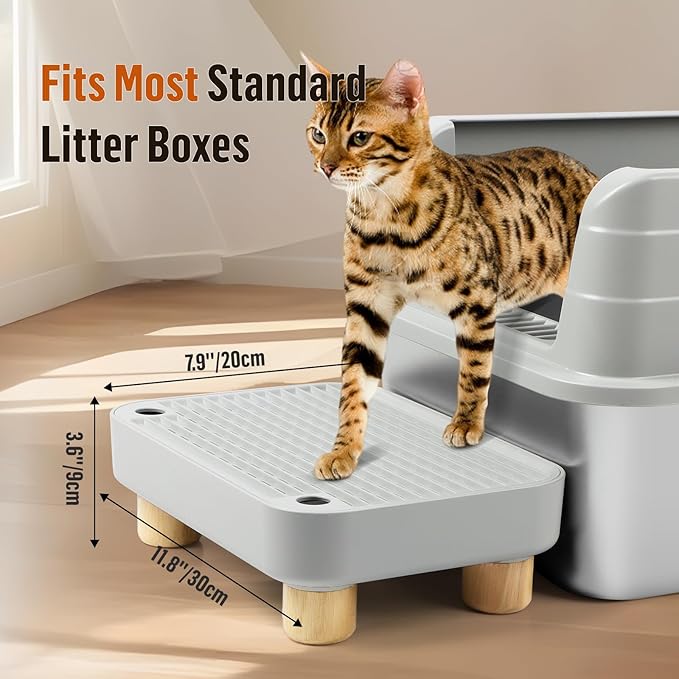 Cat Litter Box Step Ramp, Cat Litter Catcher Mat with Wooden Feet, Filter Function, Cat Pedal Stool for Self-Cleaning Cat Litter Box, Ideal for Kitten &amp; Elderly Cats (Light Grey)