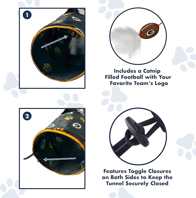 NFL Green Bay Packers Cat Tunnel Tube Toy with Plush Football Catnip and Feathers Collapsible Tunnel for Cats to Play, Peek and Hide, Sporty &amp; Fun Cat Tunnel Toy with Team Logo All-Over Design!