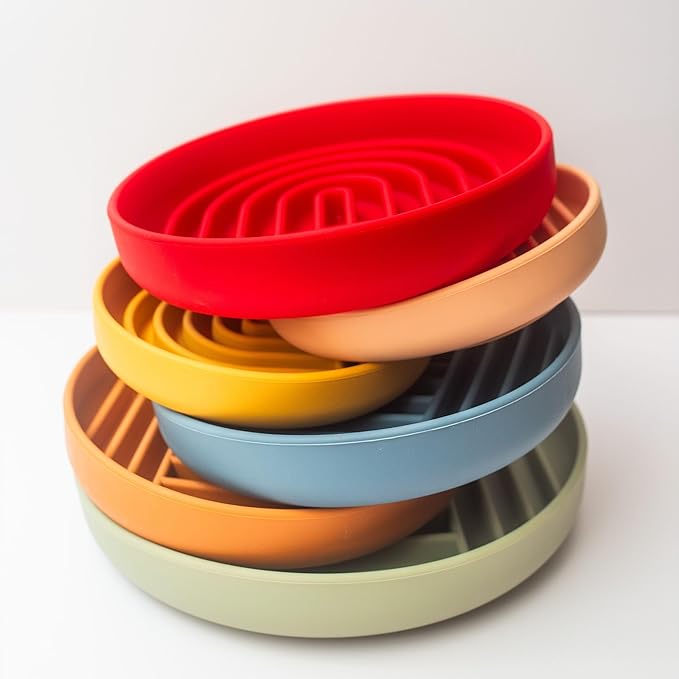 The Slowdown Bowl Silicone Slow Feeder for Dogs &amp; Puppies, Slow Eating, Modern Lick Mat Design, Reduces Gulping, Fits 2 Cups 7.5” Across x 1.5” Tall, Mealtime Challenge, Medium-Cherry
