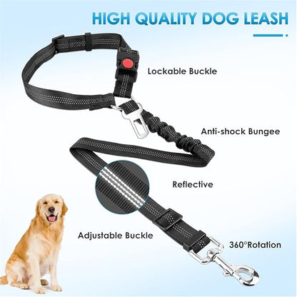 Lukovee Dog Seatbelt Leash for Cars, 2 Pack Pet Safety Car Seat Belt with Adjustable Buckle &amp; Reflective Bungee, Connect Dog Harness in Vehicle Car Dogs Restraint Travel Daily Use (Black)