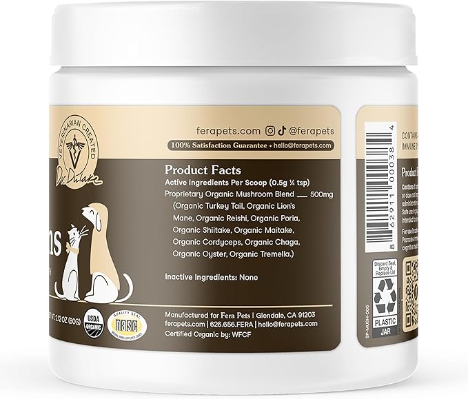 Fera Pets Mushroom Supplement for Dogs &amp; Cats with Turkey Tail - USDA Organic - Cognitive and Immune Support - Enhances Liver Function - Supports a Healthy Gut - Powder - 120 Scoops