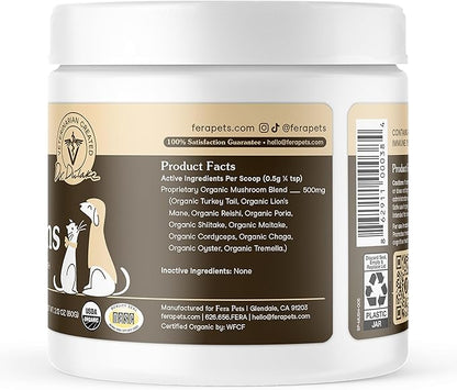 Fera Pets Mushroom Supplement for Dogs &amp; Cats with Turkey Tail - USDA Organic - Cognitive and Immune Support - Enhances Liver Function - Supports a Healthy Gut - Powder - 120 Scoops