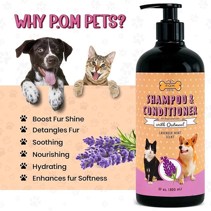 POM Pets 2-in-1 Organic Dog Shampoo &amp; Conditioner – Itchy Skin Relief, Dog Deshedding, Detangles Fur, Cat Shampoo, Paw Cleaner for Dogs, Natural Coat Defense Formula