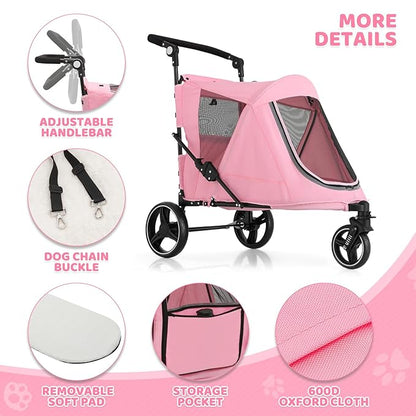 Magshion Pet Stroller for Medium Dogs w/Adjustable Handle, 3-Wheel Dog Cat Wagon w/Dual Entry, Rear Storage, Breathable Mesh, One-Foot Brake, Ideal for Large Pets up to 55 lbs, Pink