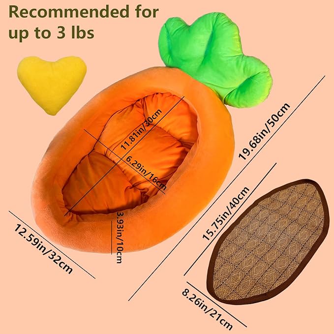 Bunny Bed,Thick&amp;Soft Rabbit Bed with Removable Cushion,Machine Washable with Rattan Mat &amp; Heart Decor,Cozy Warm Small Animal Sleeping Beds (Carrot Shape-M)