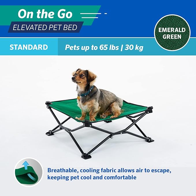 Coolaroo On-The-Go Elevated Dog Bed - Foldable Pop-Up Travel Dog Bed with Breathable, Moisture-Resistant Fabric, Carry Bag Included, Lightweight &amp; Portable, Emerald Green, Standard