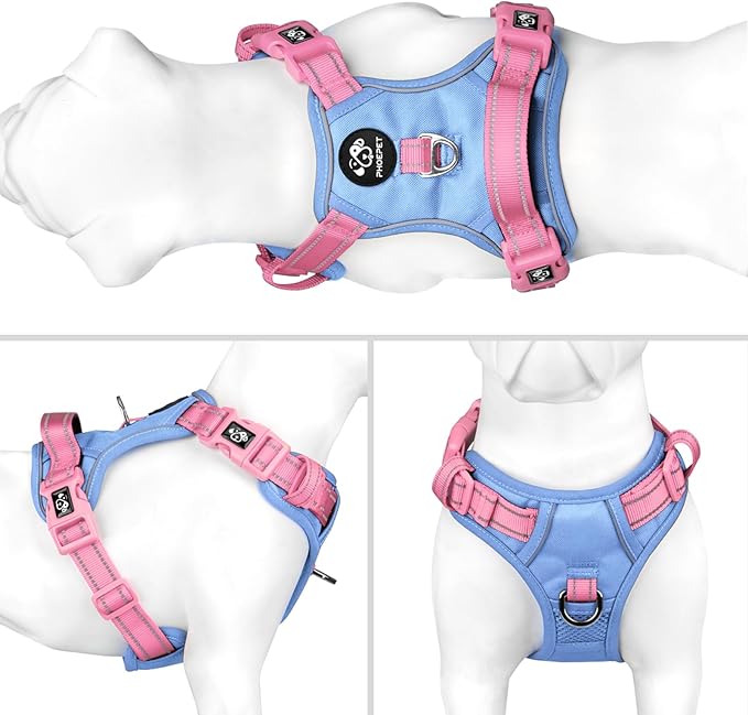 PHOEPET No Pull Dog Harness, Unique Colors Reflective Adjustable Dog Vest, with Soft Training Handle Metal Clips for Small Medium Large Dogs (Baby Blue Base &amp; Pink Straps,L)