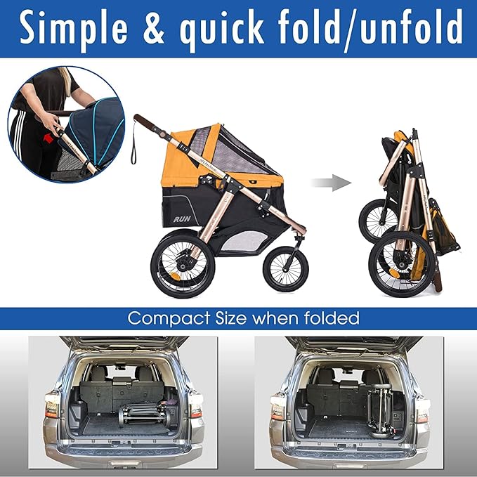 Run Performance Jogging Sports Stroller with Comfort Rubber Wheels/Zipper-Less Entry/1-Hand Quick Fold/Aluminum Frame for Small/Medium Dogs, Cats and Pets (Speed Yellow)