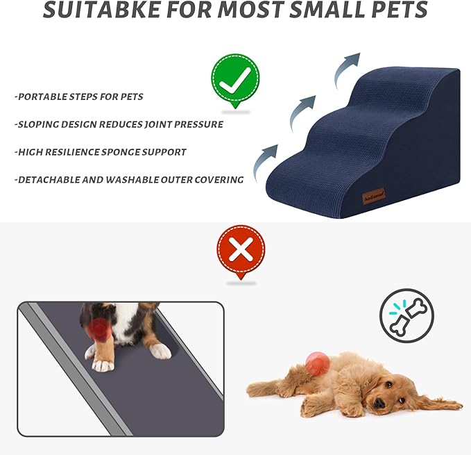 Dog Stairs and Steps for Beds Or Couches, 3-Step Pet Stairs &amp; Steps for Small Dogs and Cats, Soft and Non-Slip Dog Ramp for Older Dogs,Pet with Joint Pain,Easy to Walk