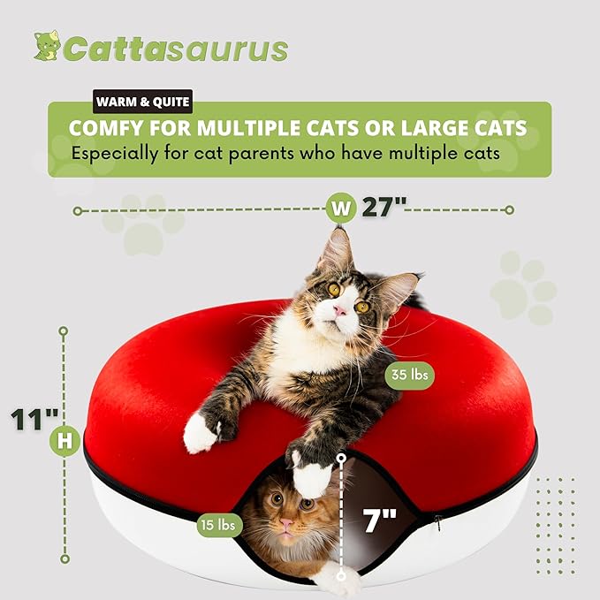 Cattasaurus Peekaboo Cat Cave, Extra Spacious for Multiple &amp; Large Cats 12+ lbs, Scratch Detachable Cat Beds for Indoor Cats, Washable Tunnel Bed, Comfy Cat Donut Tunnel (Ruby Snowball, Jumbo)
