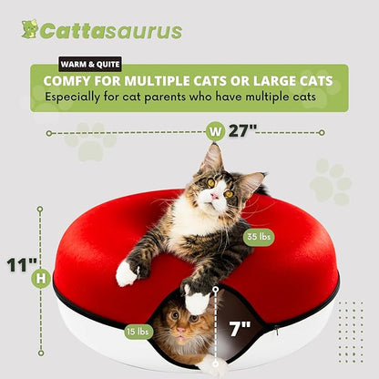 Cattasaurus Peekaboo Cat Cave, Extra Spacious for Multiple &amp; Large Cats 12+ lbs, Scratch Detachable Cat Beds for Indoor Cats, Washable Tunnel Bed, Comfy Cat Donut Tunnel (Ruby Snowball, Jumbo)