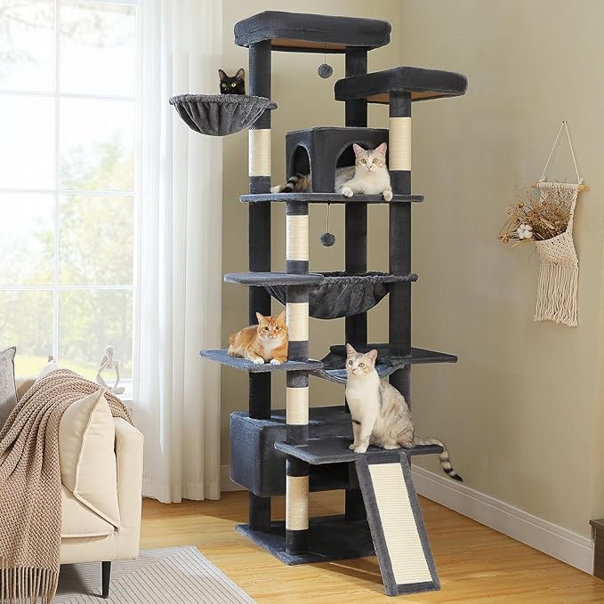 81 Inch Tall Cat Tree for Big Cats &amp; Multi-Cat Homes, Large Heavy Duty Cat Tower with Metal Frame Hammock, 6 Scratching Posts, 2 Condos, 2 Perches, Scratching Pad - Dark Grey