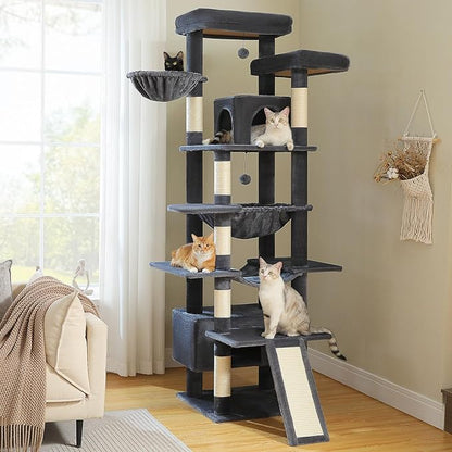 81 Inch Tall Cat Tree for Big Cats &amp; Multi-Cat Homes, Large Heavy Duty Cat Tower with Metal Frame Hammock, 6 Scratching Posts, 2 Condos, 2 Perches, Scratching Pad - Dark Grey