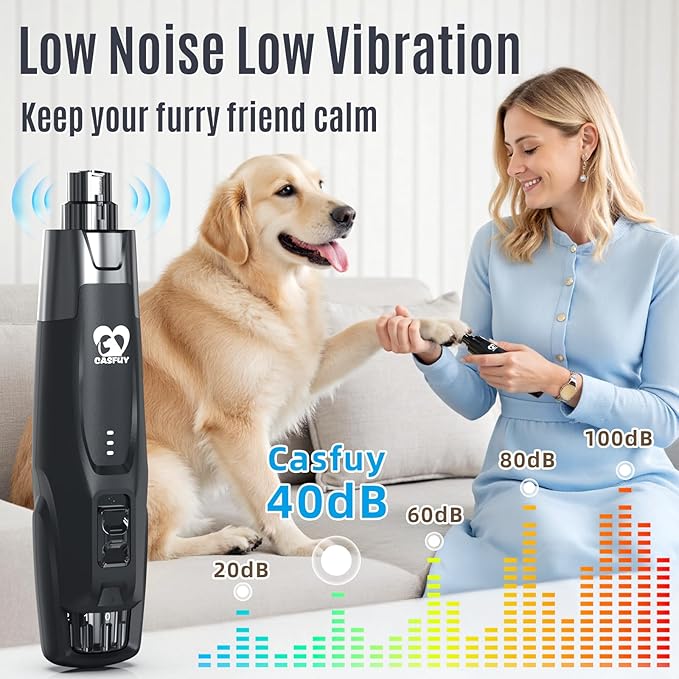 Casfuy New 6-Speed Dog Nail Grinder - 50% More Power Dog Nail Trimmers with 2 LED Lights Quiet 7h Running Time Electric Pet Nail Grinder File Toenail Grinder for Large Medium Small Dogs &amp; Cats (Black)