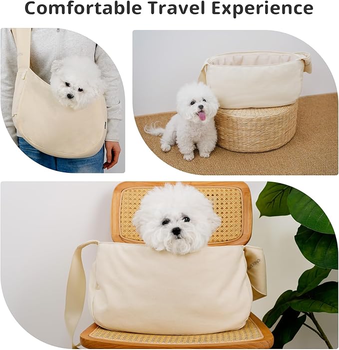 Dog Sling Carrier for Small Dogs and Cats, Lightweight Collapsible Pet Travel Bag with Adjustable Strap, Side Pockets &amp; Breathable Mesh (Beige, 15.7" L x 5.9" W x 8.6" H)
