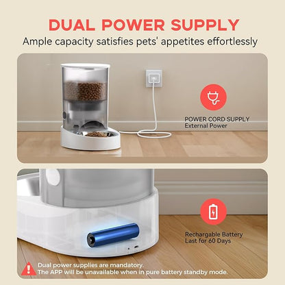PAPIFEED Automatic Cat Feeder, 4L Auto Dog Cat Feeder with Rechargeable Battery &amp; Dual-Band WiFi (2.4G &amp; 5G), Automatic Pet Food Dispenser for Outdoor Travel Home - Ceramic Bowl Included
